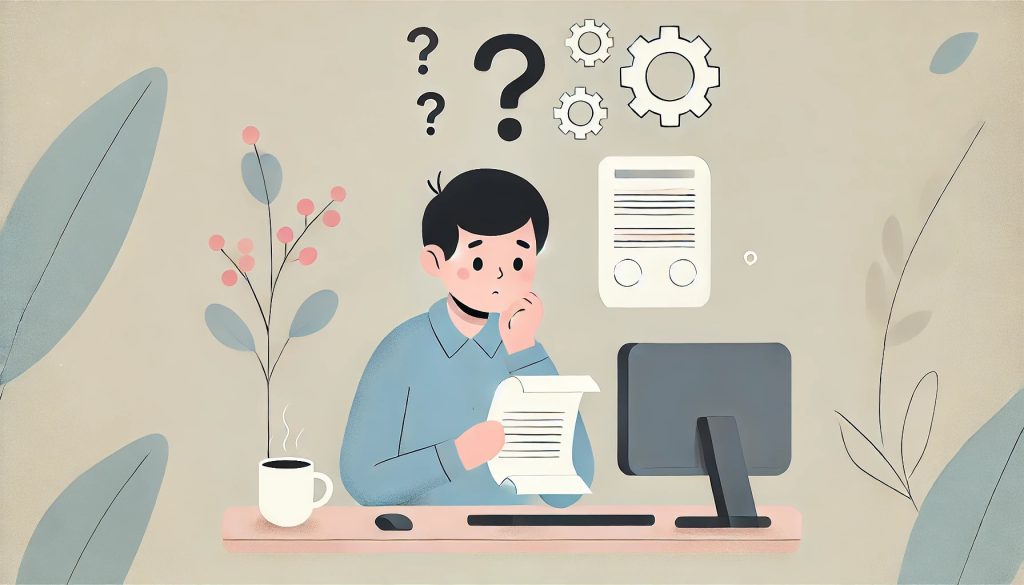 A flat, simple style illustration of a hardworking engineer sitting at a desk, looking confused while reading technical documents on a computer screen. A large question mark floats above their head, indicating confusion. Next to the computer is a cup of coffee, and a seasonal flower is placed for decoration. The design is minimalist, with soft, muted colors and a wide aspect ratio, creating a calm and focused atmosphere. Illustrated by ChatGPT and DALL-E.