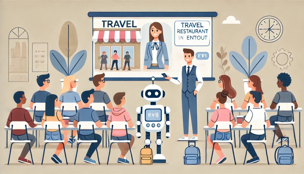 A flat, minimalist-style illustration of a classroom setup. A human teacher is delivering a lecture with a projector to a diverse group of students, professionals, and teenagers. A friendly robot assistant is standing next to the teacher, aiding them. The projector displays a travel-related slide showing a traveler introducing a famous restaurant they are about to enter. The illustration features soft, muted colors and a wide aspect ratio for a calm and focused design. Illustrated by ChatGPT and DALL-E.