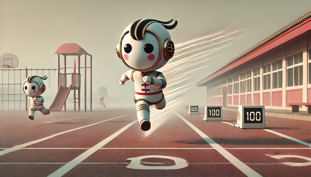 A minimalist, wide-aspect-ratio illustration capturing a cinematic side view of three cute, childlike robots racing a 100-meter dash on an elementary school playground. The leading robot, styled with Chinese design elements, is dramatically crossing the finish line, showcasing a sense of incredible speed and wind-like motion. The scene is flat and simple, with muted, soft color tones and a calm, focused atmosphere. The background includes subtle details of a schoolyard, like a track and faint outlines of playground equipment, without overwhelming the main focus. Illustrated by ChatGPT and DALL-E.