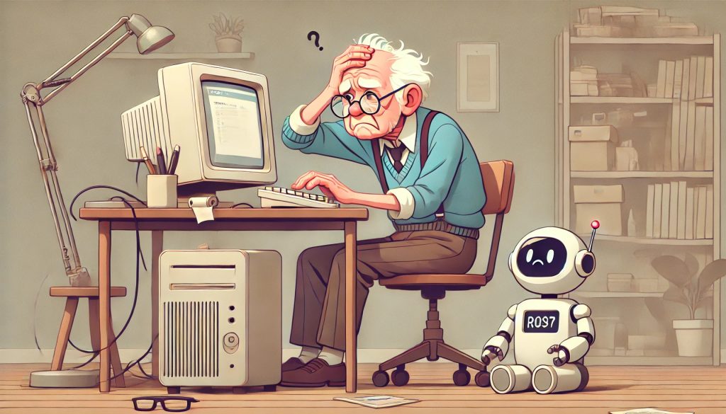 A humorous illustration of an elderly man sitting at his desk, looking even more distressed while struggling with an old, vintage PC. His expression shows deep frustration and confusion, as if completely lost trying to run modern tools on the outdated machine. Beside him, a small, adorable modern robot watches him with sympathy and a hint of amusement. The setting is a minimalist workspace with a calm, focused atmosphere. The art style is flat and simple, with soft, muted colors. The wide aspect ratio enhances the serene yet humorous contrast between the old technology and the modern robot. Illustrated by ChatGPT and DALL-E.