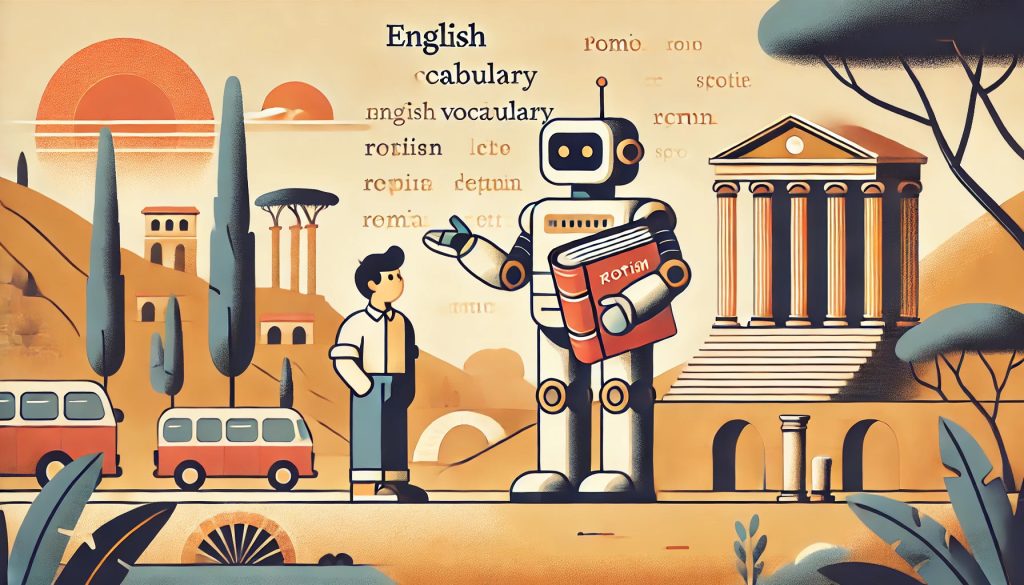 A flat, minimalist illustration in soft, warm, and muted color tones showing an 80s-style robot teaching English vocabulary to a middle school student in an ancient Latin landscape. The robot is holding a thick dictionary in one hand. The scene features elements of Roman history, such as Roman architecture, scrolls, and classical landscapes. The illustration is designed in a wide aspect ratio, creating a calm and inviting atmosphere, suitable for technology and education themes. Illustrated by ChatGPT and DALL-E.