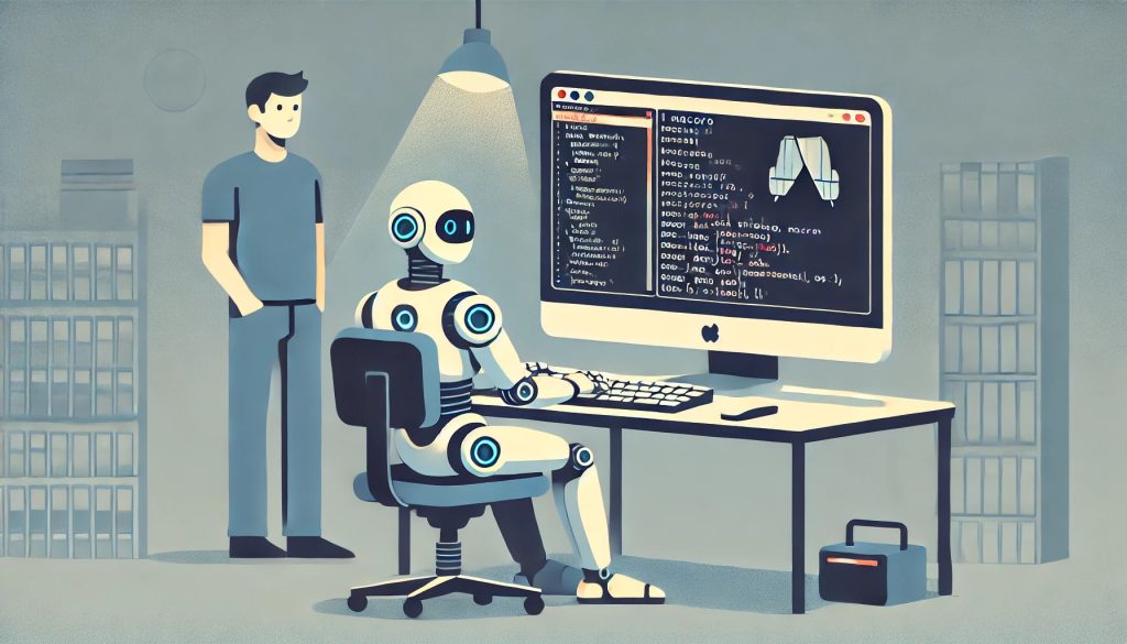 A flat, minimalist illustration of a futuristic robot sitting at a desk, programming a macro in an old-school Emacs text editor on a computer screen. The Emacs interface is recognizable with its retro, text-based design. The robot is sleek and modern, with glowing elements on its interface. A human stands behind the robot, observing with an impressed and curious expression. The setting is simple, softly colored, with muted tones and a calm, focused atmosphere. The illustration is in a wide aspect ratio, emphasizing clean and minimalist details. Illustrated by ChatGPT and DALL-E.