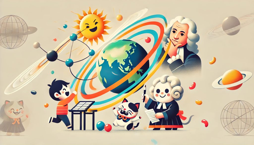 A flat, whimsical illustration of Earth orbiting the Sun with a colorful spiral trajectory representing orbital motion. The scene includes a charming caricature of Johannes Kepler holding a quill and a star chart, gazing thoughtfully at the celestial arrangement. Additionally, there are children joyfully throwing beans in a Setsubun celebration, with a prominently visible and playful depiction of a traditional Setsubun demon (oni) reacting dramatically. The illustration uses bright, engaging colors with soft, muted tones to evoke curiosity and wonder. The overall style is minimalist and appropriate for a technology or educational blog, presented in a wide aspect ratio. Illustrated by ChatGPT and DALL-E.