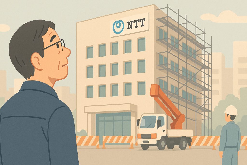 街角で見つけた、かつての NTT 電話交換局の施設が工事しているのを眺める男性。 ChatGPT 作成。