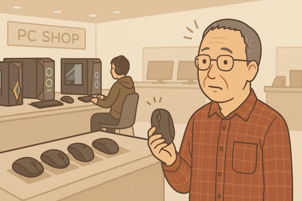 PCショップで中年の男性がゲーミングマウスを手に取り、少し戸惑った表情で見つめている。背景には高性能なゲーミングPCや若いゲームプレイヤーが見える。店内は明るく現代的な雰囲気。 ChatGPT により生成