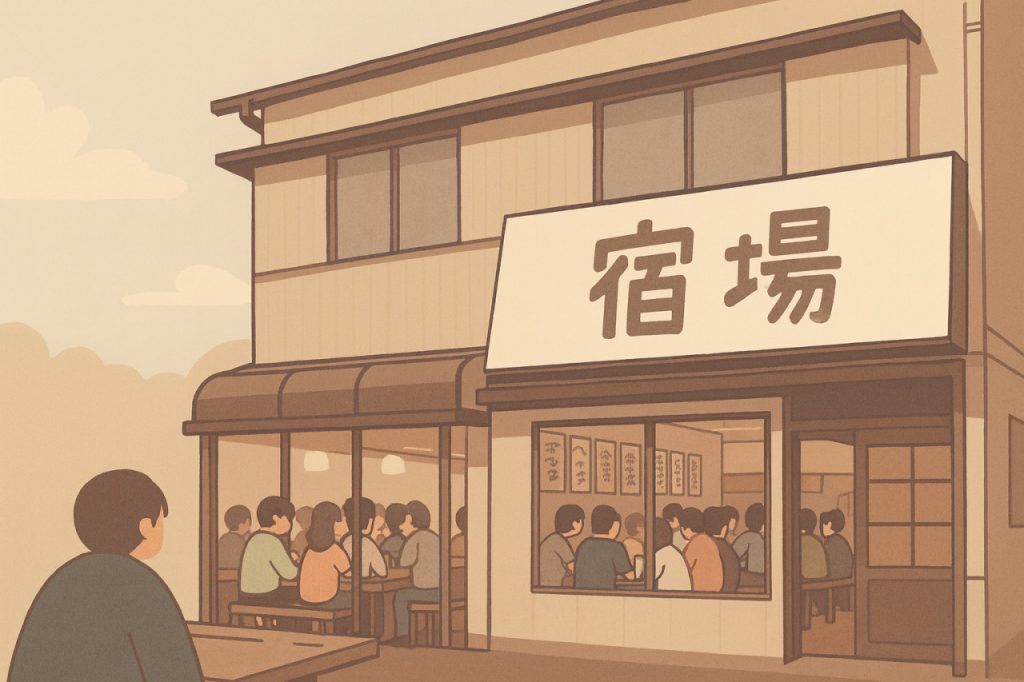 明大生田校舎近くにあった食事処「宿場」。こんな感じではなかったと思うけど、もう思い出せません。 Generated by ChatGPT Image Generation.