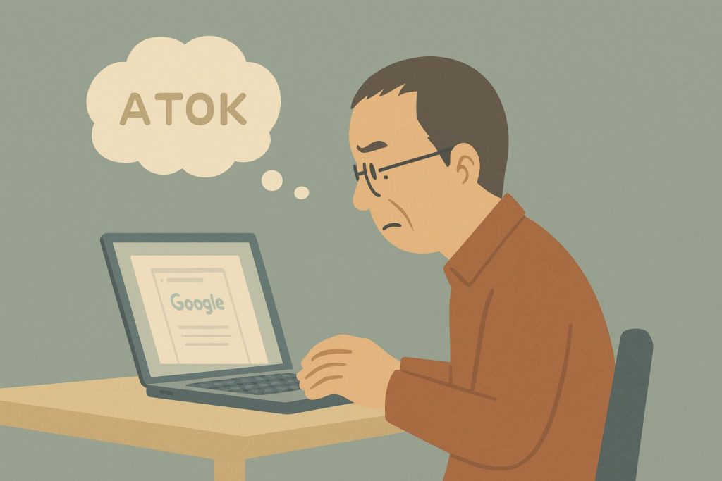 A minimalist, wide-format illustration of Mr. Yokoyama typing on his PC while recalling the old Japanese IME “ATOK,” shown as a thought bubble above his head. The laptop screen displays the word “Google,” suggesting he is reflecting on past technologies as he writes. Illustrated by ChatGPT 5.1.