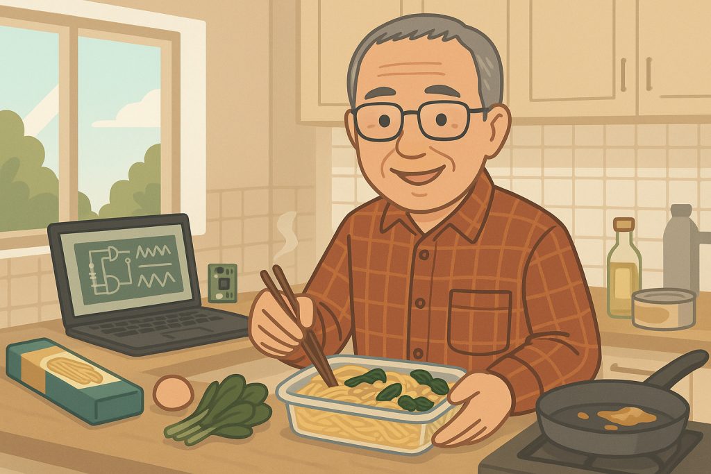 朝のキッチンでツナとほうれん草入りスパゲティ弁当を楽しそうに詰めている様子。Illustrated by GPT-5.1.