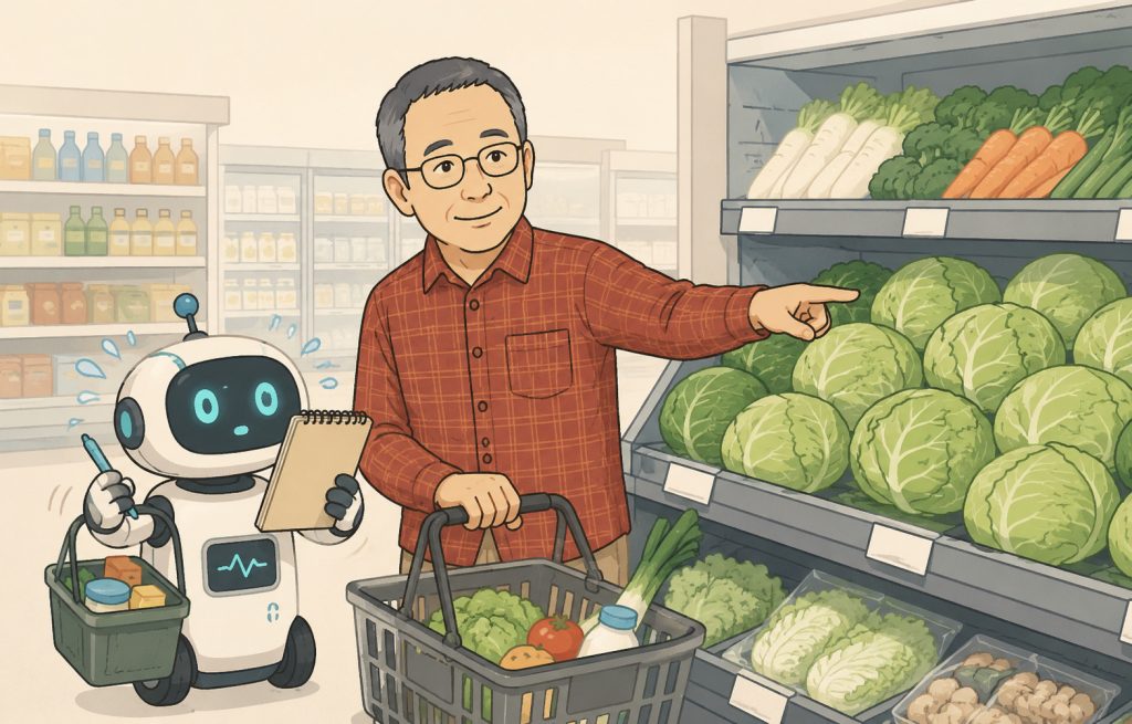 スーパーマーケットの野菜売り場で、横山がキャベツを指差し、買い物メモを持ったロボットが確認しているイラスト。Illustrated by ChatGPT Image 2.0. 