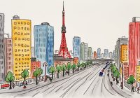 Childlike colored pencil sketch of Tokyo, as if a young child drew it in a very basic manner. Few tall rectangles for buildings, a stick-like representation of Tokyo Tower, and simple dots and lines for pedestrians and vehicles.