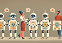 A minimalist, flat illustration of a scene where a technology blog writer is interviewing three illustration-making robots. Each robot has a sleek, high-tech appearance but with warm, friendly characteristics. The first robot has a soft, rounded design, the second has a humanoid appearance with expressive features, and the third has a whimsical and artistic look. Each robot is holding an illustration it has created, showcasing warm, inviting colors and themes. The blog writer is thoughtfully deciding which illustration to choose. The background is simple, with muted, soft colors to maintain a calm and warm atmosphere.