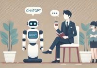 On the left side of the image, a robot named 'ChatGPT' is speaking, while another robot named 'Pandoc' is taking notes in a notebook. Next to them, a single Japanese businessman, dressed in a suit, is sitting with his legs crossed, holding a cup of coffee and showing a relaxed demeanor. The overall style is flat and minimalist, using soft, muted color tones. The background is simple and calm, emphasizing the technological theme and the relaxed atmosphere of the scene.