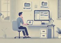 A flat and minimalist illustration with soft, muted color tones, featuring a calm, simple background. The scene depicts a person sitting at a desk, using a computer with 'pip install' and 'pip freeze' displayed on the screen. Around the computer are file icons labeled 'before' and 'after,' symbolizing backup files. The overall atmosphere is relaxed, with the person looking focused and content, representing a sense of confidence in the backup process. The background is clean and subtle, with an emphasis on the technological task.