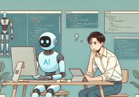 A flat, minimalist illustration of a futuristic AI-powered robot sitting at a desk, struggling with coding. The robot looks confused or frustrated, surrounded by simple screens displaying basic code snippets. Nearby, a Japanese engineer with a concerned expression, drawn in a simple style with soft lines and muted colors, nervously watches the robot while holding a tablet. The setting is a high-tech but uncluttered workspace with a calm, minimalist atmosphere. The overall design uses a flat art style and soft, muted tones, with a wide aspect ratio.