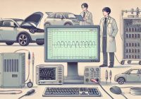 A clean computer screen displaying an oscilloscope connected to a DSP processor, with minimal data waves in a few clear lines. The background remains minimal, with more color, featuring an electric vehicle with its hood open, along with a Japanese professor and student working together in a motor control engineering lab. The overall illustration maintains a flat, minimalist aesthetic with soft muted tones, and uses color to enhance the scene's vibrancy while keeping a calm atmosphere.