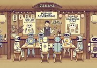 A cozy izakaya scene featuring different types of robots sitting around a table, presenting pop-up advertising ideas to a human manager. Each robot has a unique design, showing distinct personalities, and they are interacting enthusiastically. The izakaya is warmly lit with traditional Japanese decor, including wooden accents and soft Christmas decorations like string lights and small ornaments. The manager listens attentively, creating a friendly and collaborative atmosphere. The illustration is minimalist, with soft muted colors, capturing a warm and festive mood. Illustrated by ChatGPT and DALL-E.