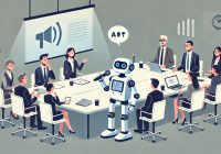 A flat, simple illustration of a futuristic conference room where a friendly-looking robot is actively participating in a business meeting, holding a microphone toward a speaker at the table. The robot appears eager and professional. Surrounding participants, dressed in modern business attire, show mixed reactions: some exchange astonished glances while others look intrigued. The setting includes a minimalist conference table with laptops, papers, and a muted projection screen in the background displaying meeting notes. The color palette is soft and muted, emphasizing a calm, focused atmosphere suitable for a technology-themed blog. Illustrated by ChatGPT and DALL-E.