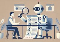 A minimalist, flat-style illustration of a robot sitting at a desk, holding a magnifying glass and comparing two documents side by side. The robot has a thoughtful expression, and the documents have simple graphics of products. An interested customer sits across the desk, eagerly listening to the robot's recommendations. The setting is clean and professional, with muted tones and a calm atmosphere. Illustrated by ChatGPT and DALL-E.