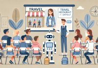 A flat, minimalist-style illustration of a classroom setup. A human teacher is delivering a lecture with a projector to a diverse group of students, professionals, and teenagers. A friendly robot assistant is standing next to the teacher, aiding them. The projector displays a travel-related slide showing a traveler introducing a famous restaurant they are about to enter. The illustration features soft, muted colors and a wide aspect ratio for a calm and focused design. Illustrated by ChatGPT and DALL-E.