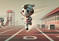 A minimalist, wide-aspect-ratio illustration capturing a cinematic side view of three cute, childlike robots racing a 100-meter dash on an elementary school playground. The leading robot, styled with Chinese design elements, is dramatically crossing the finish line, showcasing a sense of incredible speed and wind-like motion. The scene is flat and simple, with muted, soft color tones and a calm, focused atmosphere. The background includes subtle details of a schoolyard, like a track and faint outlines of playground equipment, without overwhelming the main focus. Illustrated by ChatGPT and DALL-E.