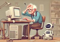 A humorous illustration of an elderly man sitting at his desk, looking even more distressed while struggling with an old, vintage PC. His expression shows deep frustration and confusion, as if completely lost trying to run modern tools on the outdated machine. Beside him, a small, adorable modern robot watches him with sympathy and a hint of amusement. The setting is a minimalist workspace with a calm, focused atmosphere. The art style is flat and simple, with soft, muted colors. The wide aspect ratio enhances the serene yet humorous contrast between the old technology and the modern robot. Illustrated by ChatGPT and DALL-E.