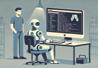 A flat, minimalist illustration of a futuristic robot sitting at a desk, programming a macro in an old-school Emacs text editor on a computer screen. The Emacs interface is recognizable with its retro, text-based design. The robot is sleek and modern, with glowing elements on its interface. A human stands behind the robot, observing with an impressed and curious expression. The setting is simple, softly colored, with muted tones and a calm, focused atmosphere. The illustration is in a wide aspect ratio, emphasizing clean and minimalist details. Illustrated by ChatGPT and DALL-E.