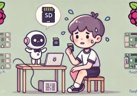 A young boy sitting in front of a Raspberry Pi, looking frustrated while holding an SD card in his hand. Sweat drops on his face indicate his nervousness. Next to him, a cute but intelligent-looking robot is giving advice, appearing helpful and knowledgeable. The scene has a minimalist, flat illustration style with soft, muted color tones. The background is simple and clean, maintaining a calm and focused atmosphere. Illustrated by ChatGPT and DALL-E.