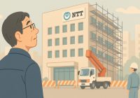 街角で見つけた、かつての NTT 電話交換局の施設が工事しているのを眺める男性。 ChatGPT 作成。