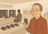 PCショップで中年の男性がゲーミングマウスを手に取り、少し戸惑った表情で見つめている。背景には高性能なゲーミングPCや若いゲームプレイヤーが見える。店内は明るく現代的な雰囲気。 ChatGPT により生成