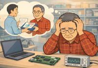 Yokoyama sits at an electronics lab bench, clutching his head in frustration, while a thought bubble shows him earlier accepting polished code and documents with a smile. Illustrated by ChatGPT.