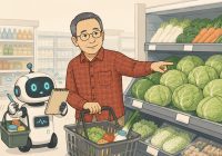 スーパーマーケットの野菜売り場で、横山がキャベツを指差し、買い物メモを持ったロボットが確認しているイラスト。Illustrated by ChatGPT Image 2.0.