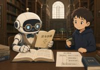 最新のAIロボットが重厚な図書館で法令を調べ、アマチュア無線機を持つ少年が見守るイラスト。Illustrated by ChatGPT Image 2.0.